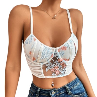 Slim-Fit Dressy Casual Camis Floral Padded Strap Vest Summer Women Young Girls