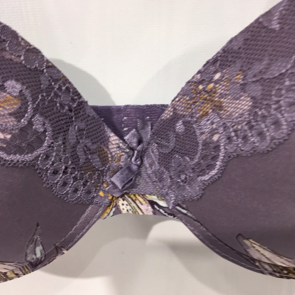 Sujetador Jaclyn Smith 34C púrpura estampado floral con aros push up encaje ribete mujer Foto 2 de 4