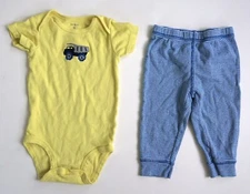 CARTERS Boys 2 Piece Dump Truck Yellow Blue Striped One Piece Pants Outfit 9 Mos