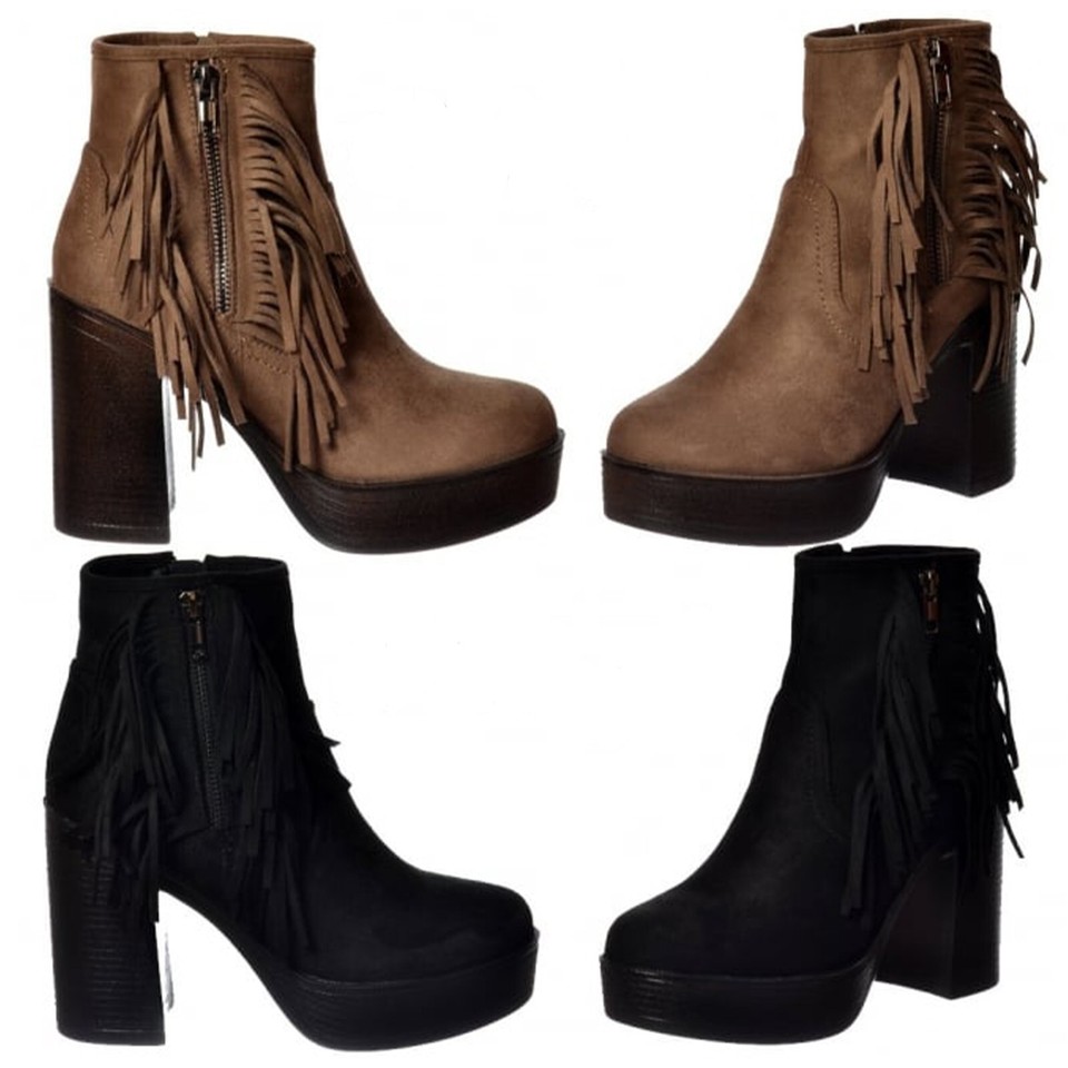 Mujeres Niñas Borla Flecos Gamuza Tacón Alto Bloque Tobillo Talla Negra Topo