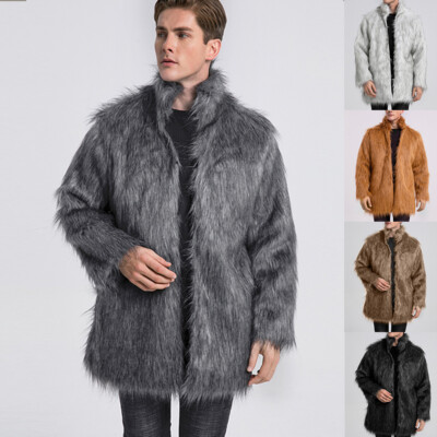 Men's Stand-up Collar Faux Fur Jacket Warm Autumn Winter Coat Fashion