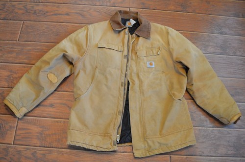 VTG CARHARTT Men's Jacket,XL,Khaki Canvas,Quilt Lined,Leather Trimmed Sleeve Hem