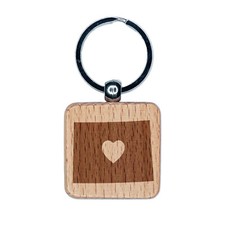 Wyoming State with Heart Engraved Wood Square Keychain Tag Charm