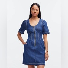 Madewell Dress Denim Darted Mini Zip-Front Short Sleeve Size 0 Puff Sleeve Women