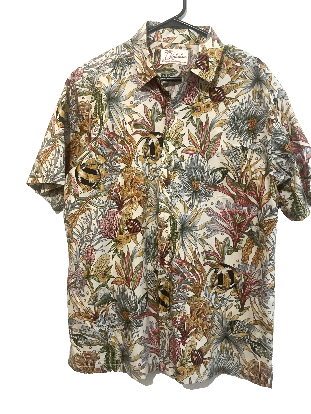 Kahala Hawaiian Shirt Mens Large corral and sea fish life Print Short Sleeve A1