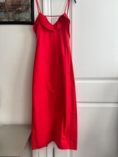 Zara Red Midi Slip Dress Ruffle Back Slit Spaghetti Straps Size S