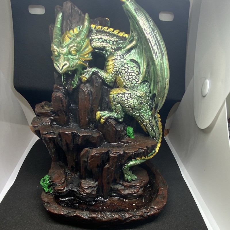 Fantasy Green Dragon Statue Rock Base with Owl and Red Mushroom incense burner 