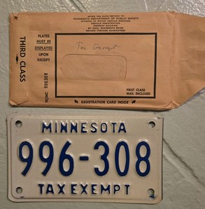 1975 Minnesota Motorcycle Tax Xmpt License Plate
