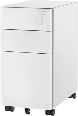Mobile Slim White File Cabinet with Lock - 3 Drawer Under Desk Storage