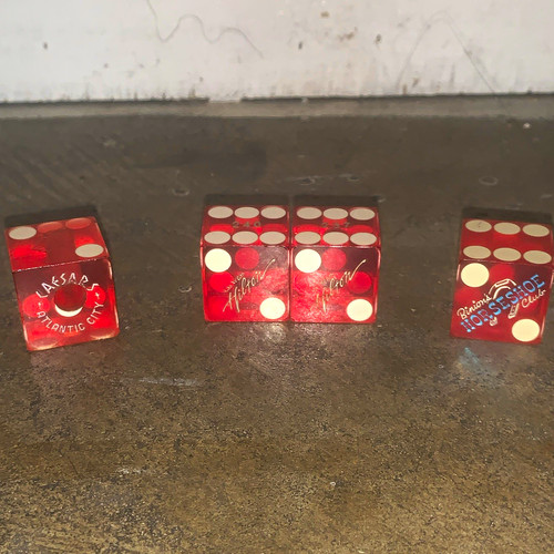 Lot of 4 Red Casino Dice w/ Logos - Las Vegas Hilton, Caesars, Horseshoe