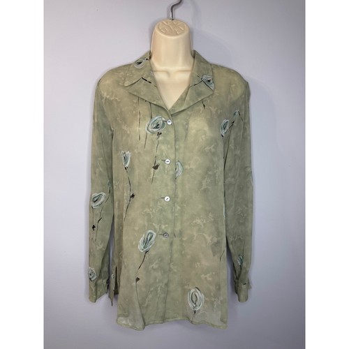 Escada, Vintage 90s Escada Elements Silk Chiffon Watercolor Rose Print Blouse Green Sz 4