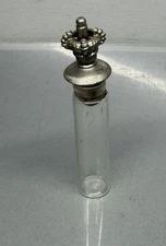Antique  Glass Vial Catholic Holy Water Travel Bottle Metal Crown Stopper Lid