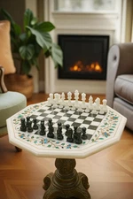Marble Inlay Chess Table – Handmade Inlay Chess Set | Artisan Game Table for her