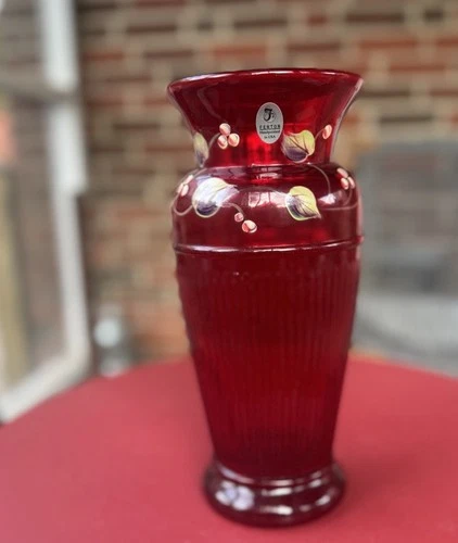 FENTON Ruby Red Hand Painted Adams Rib Glass Vase 9 ¾” Mint Signed, Label