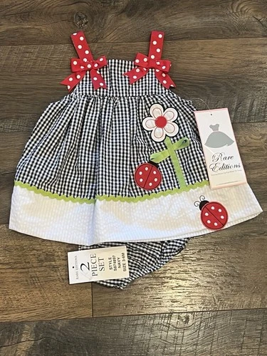 NWT Rare Editions Gingham Checkered Ladybug 2 Piece Infant Girl 3-6 Months
