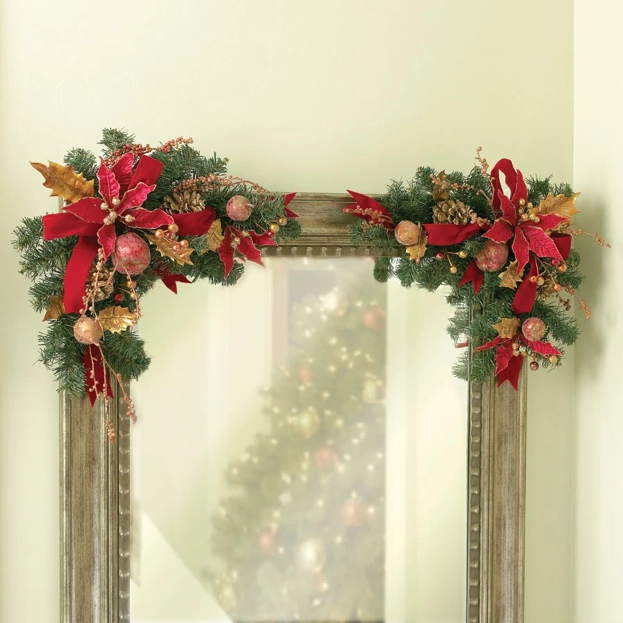 Set of 2 Christmas Poinsettia Pine Floral Swag Spray Holiday Door Wall Decor - Image 4 of 4