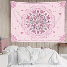 Pink Floral Boho Tapestry, Mandala Wall Hanging 51x60" Bohemian Decor