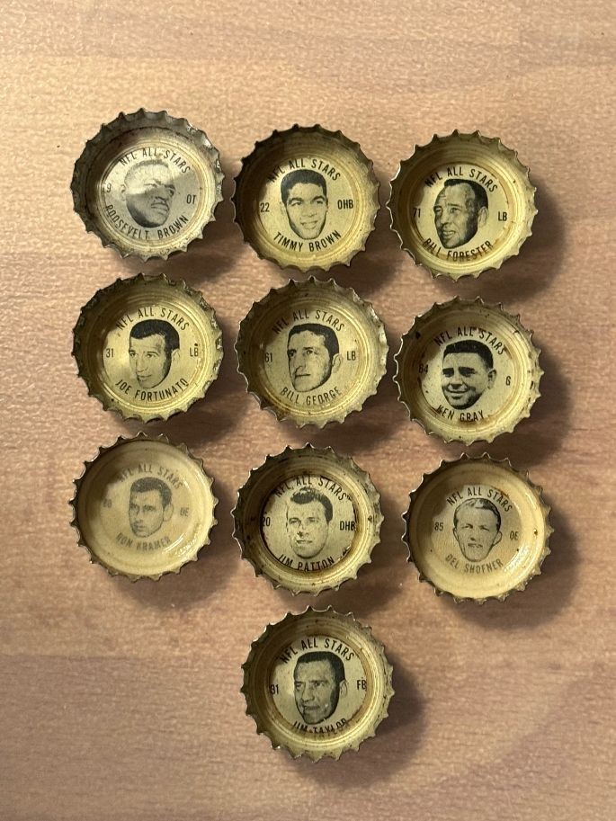 1964 Coke SPRITE NFL Bottle Caps Lot Of 10 Jim Taylor  Timmy Brown  Ken Gray