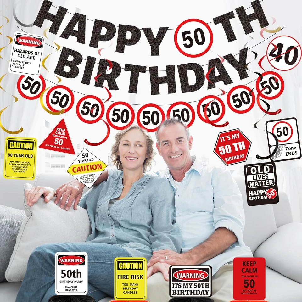 Suministros de fiesta decoraciones cumpleaños 50 - 14 piezas logotipos de precaución pancartas colgantes Foto 4 de 4