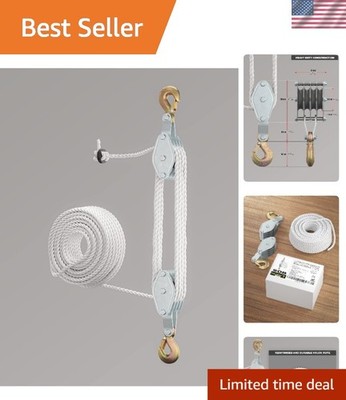 Professional Grade Block and Tackle Pulley with 65' Rope - Lift Up to 4000 LB