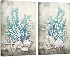 2 Pieces Set Ocean Theme Canvas Wall Art Coastal Shell Starfish Coral Conch Pict
