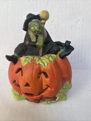 Ceramic Halloween Pumpkin With Witch Tea Light Candle Holder