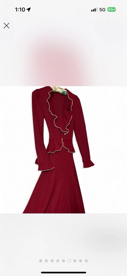 Vestido Academia Oscuro Vintage Cintura Peplum Rojo Borgoña, Hasta el Suelo Con Volantes S Foto 2 de 4