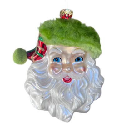 Kurt Adler Green Plaid Santa Head Glass Ornament Christmas 5 Inch