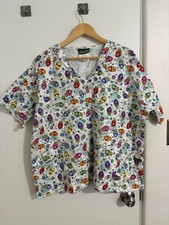 Holiday Lights Scrub Top Womens Plus 2X  Flannel Cotton V-Neck, 2 Pockets, EUC
