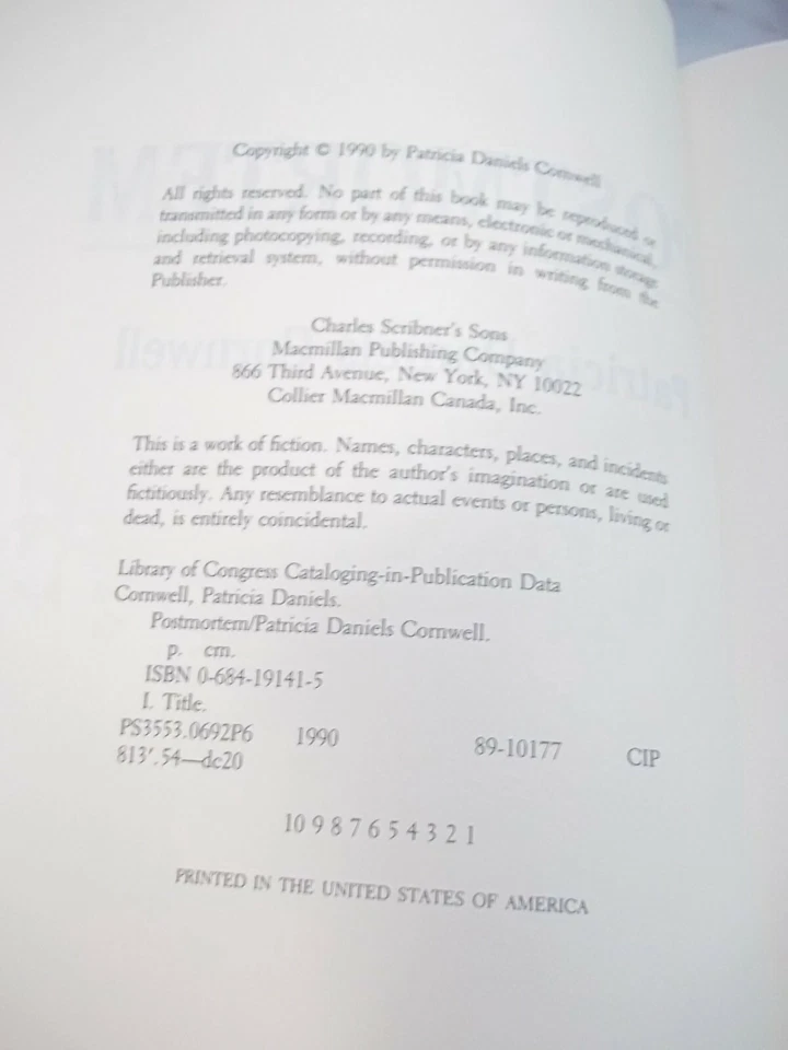 1990 POST-MORTEM ПАТРИЦИЯ CORNWELL ПОДЛИННЫЙ 1/1 VGC БЕСПЛАТНАЯ ДОСТАВКА! - Изображение 3 из 4