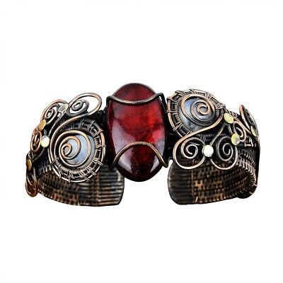Red Fire Labradorite Copper Bestie Gift Wire Wrapped Cuff Adjustable Bangle
