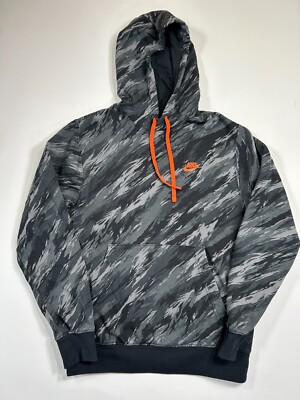 Nike Hoodie Mens Small Black Gray Camo Long Sleeve Sportswear Club Fleece  Logo