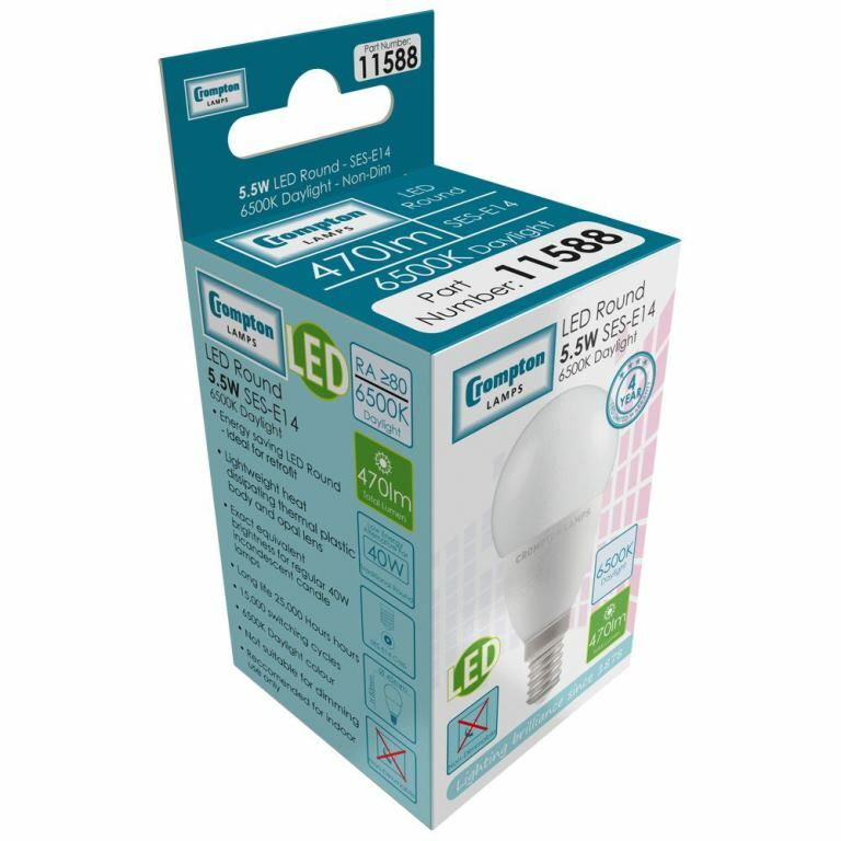 2 x CROMPTON LED Round Thermal Plastic 5.5W 6500K SES E14 DAYLIGHT 11588