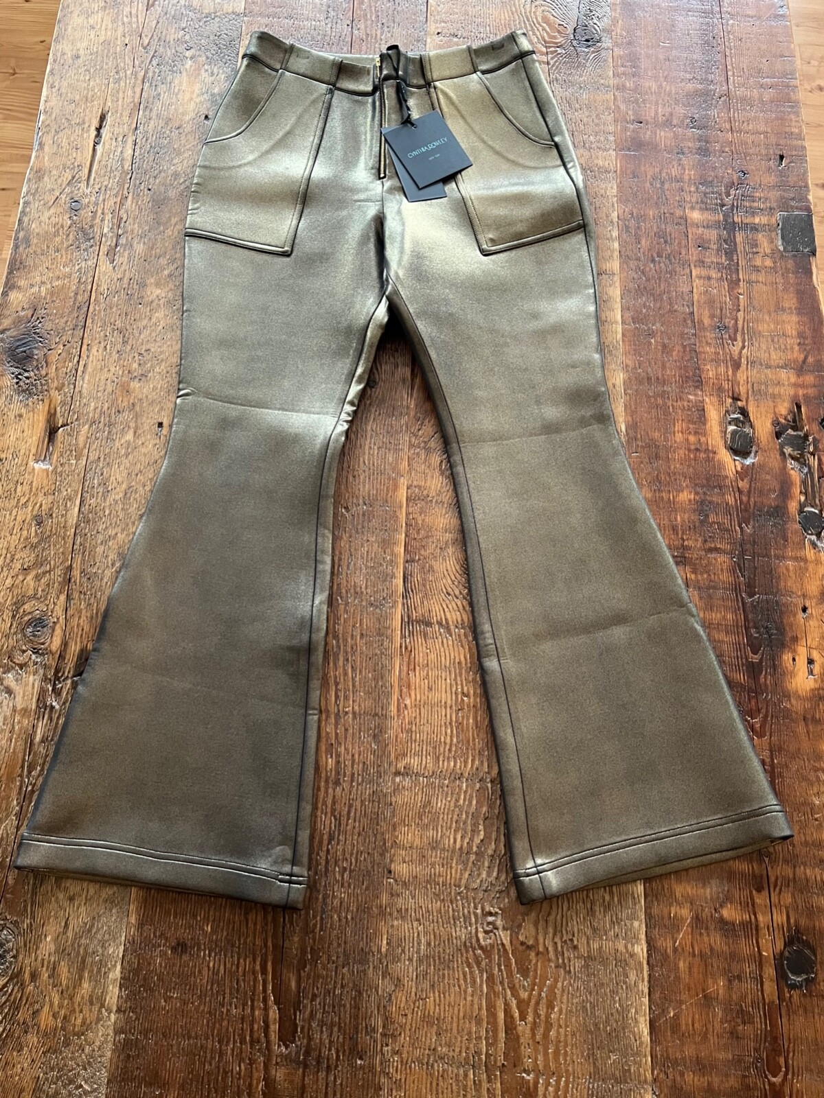 Pantalón Cynthia Rowley Oro Metálico Cortado Figado - Nuevo con Etiquetas - Talla 8 - $265