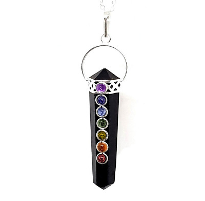 Black Tourmaline Crystal Double Point 7 Chakra Stone Pendant Necklace Reiki Heal