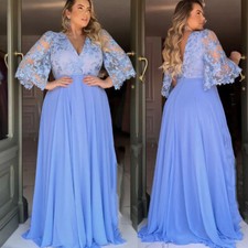 Blue Mother of the Bride Dresses V Neck Appliques Chiffon Long Sleeves Plus Size