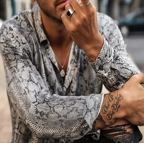 Camisa Para Hombres Informal Calce Ajustado Piel de Serpiente Estampada Manga Larga Fiesta Cuello Top - Imagen 1 de 6