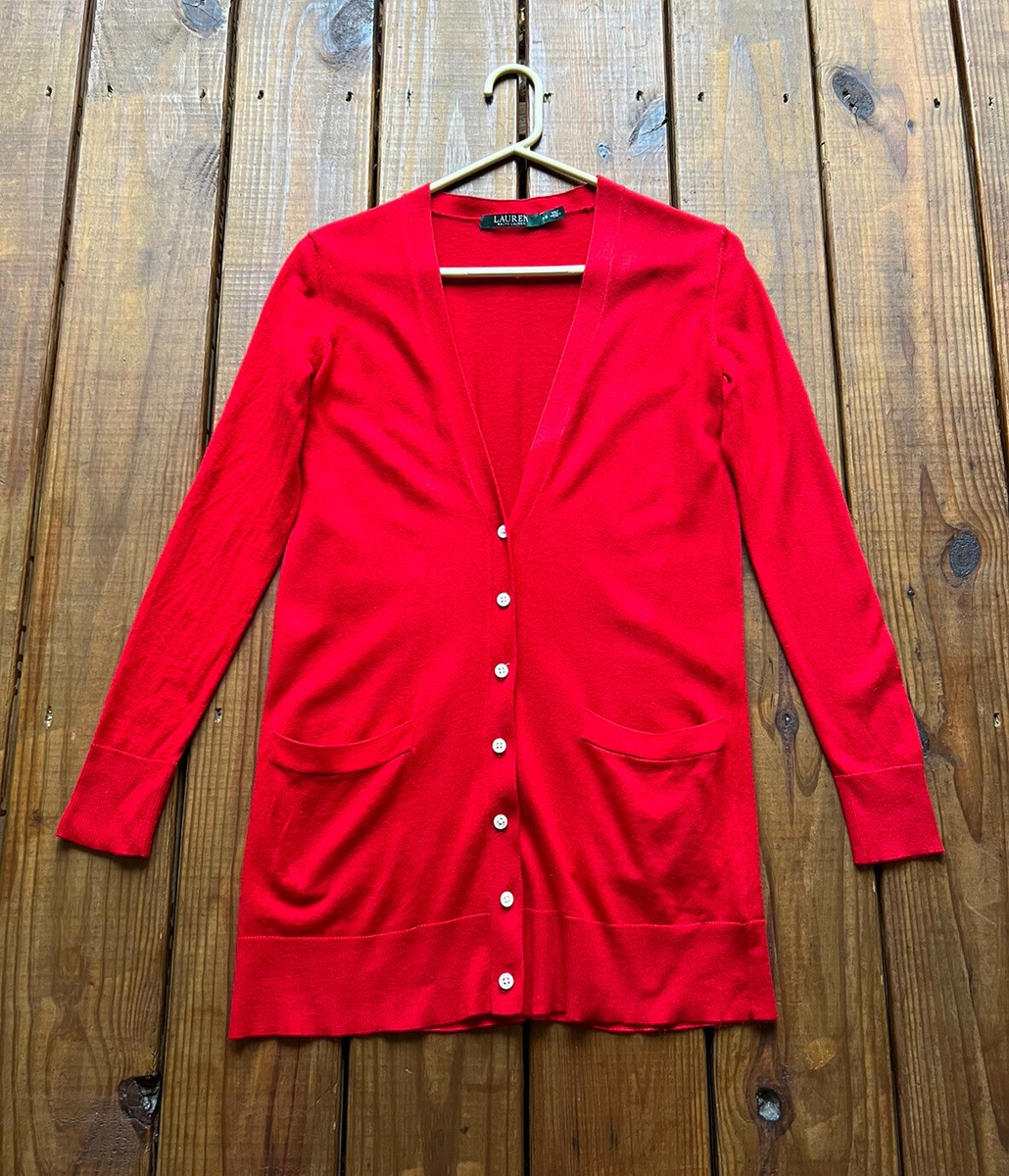 Ralph Lauren XS bright red button up deep V-neck long sleeve cardigan  sweater