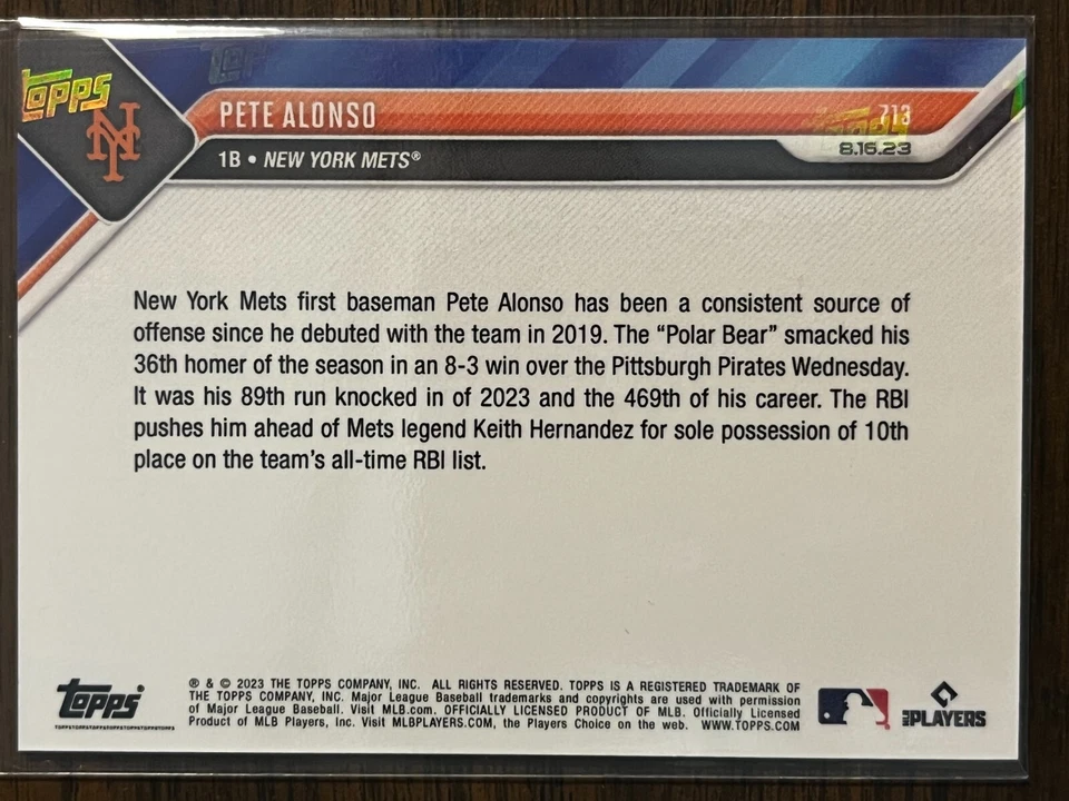 2023 Topps Now #713 Pete Alonso New York Mets RAINBOW FOIL 1/1 - Image 2 of 2