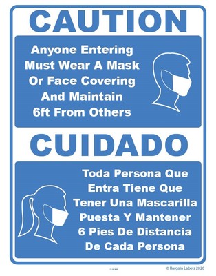 Sign Wear A Mask Or Face Covering 6ft Social Distance 8.5" x 11