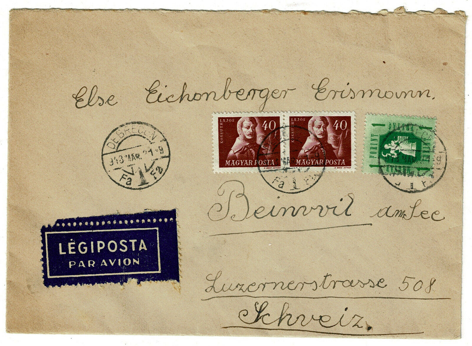 1948 Airmail Cover Debrecen Hungary to Switzerland