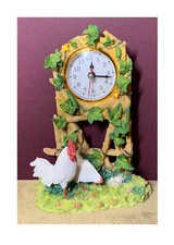 COUNTRY ROOSTER & HEN OUT STRATCHING THE GROUND BY THE FENCE DESK/MANTEL CLOCK