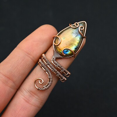 Labradorite Gemstone Copper Wire Wrapped Handmade Designer Ring Jewelry Gift For