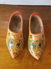 Vintage Pair of Large 10 1/2" Hand Painted Wooden Clogs Shoes Made in Holland