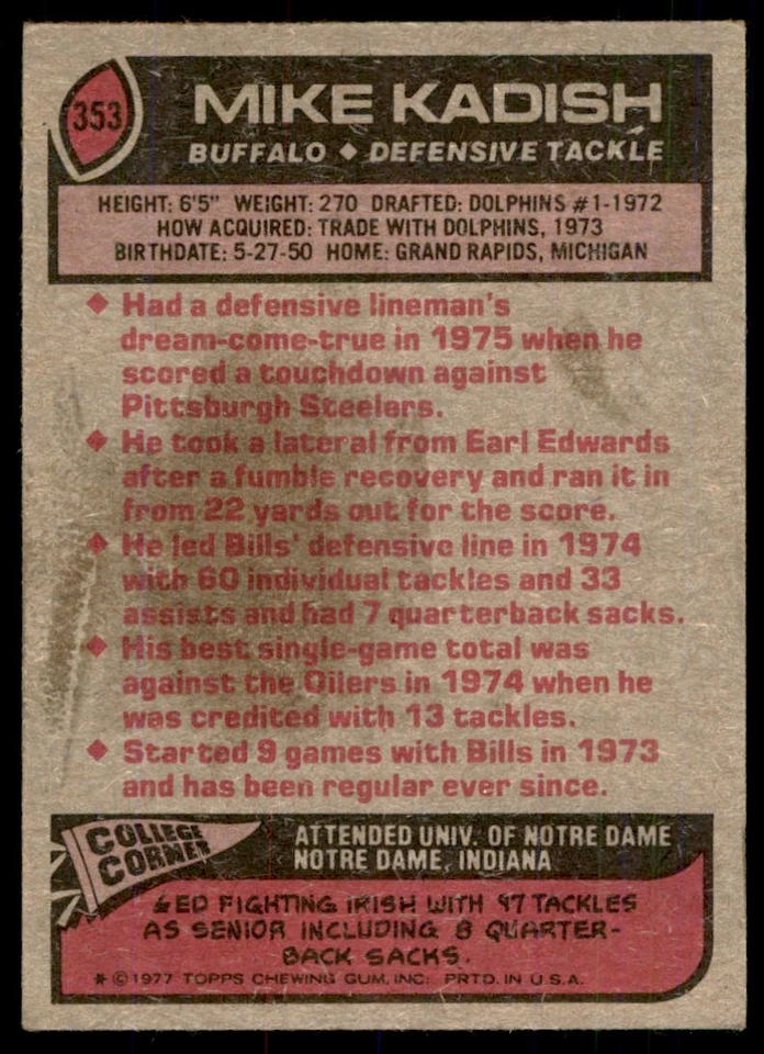 1977 TOPPS MIKE KADISH . BUFFALO BILLS #353 - Image 2 of 2