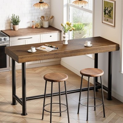 63 Inch Solid Wood Bar Table, Industrial Rectangular Dining Counter Pub Table