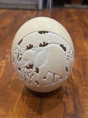 Vintage Hand Carved 6  Ostrich Egg Decorated with Walking Elephant Design