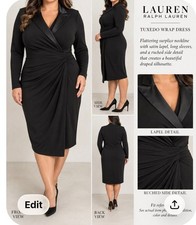 Lauren Ralph Lauren Dress 18 Black Tuxedo Satin Lapel Ruched Faux Wrap Midi
