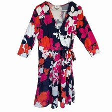 Beige by ECiI Floral Faux Wrap Dress Sz 14 Colorful 3/4 Sleeve Wedding Career