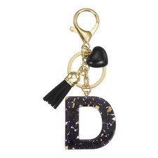 Alphabet Initial Letter Keychain Cute Charm with Tassel Heart Letter D Black 